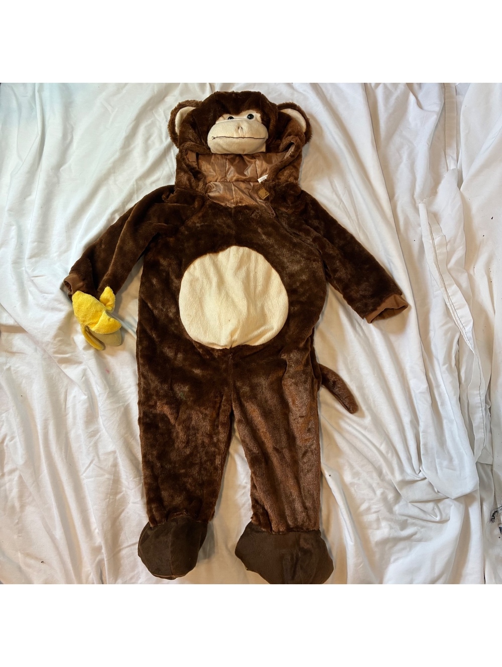 Infant  Fuzzy Plush Brown Monkey Jumpsuit Halloween Costume with Banana Sz 12-24